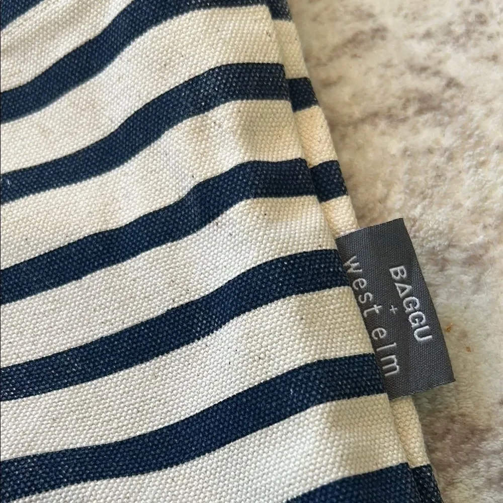Baggu + West Elm Striped Tote Crossbody strap with gold bottom R painted on